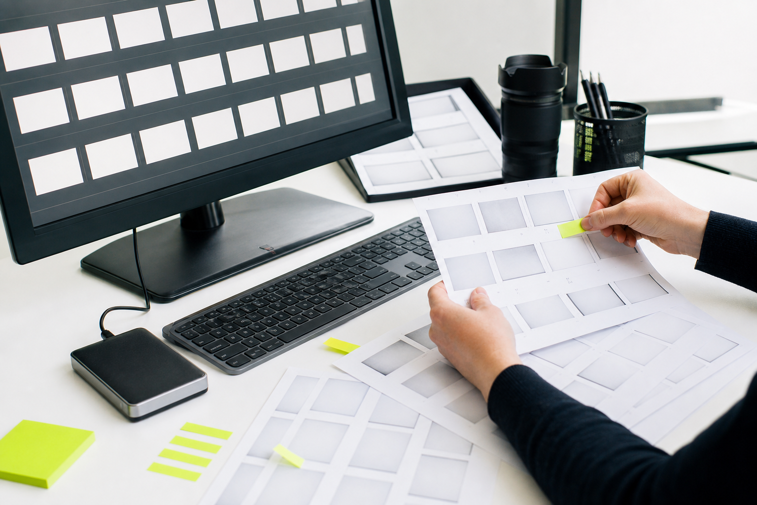 Scrivania editoriale illustrativa con fogli contatto, monitor, unità esterna e marcatori.