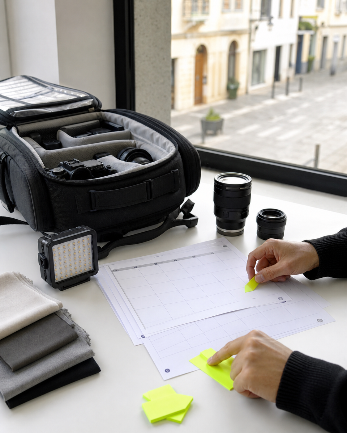 Scena editoriale illustrativa con attrezzatura fotografica, fogli di pianificazione e finestra luminosa.