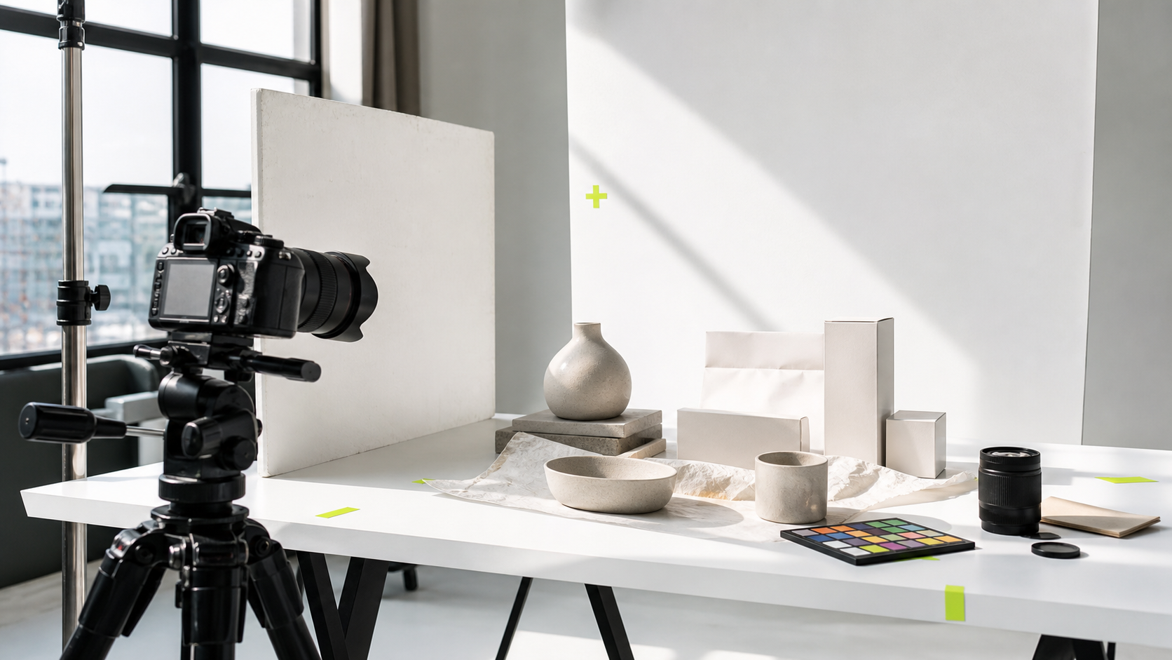 Set editoriale illustrativo con tavolo fotografico, fotocamera, diffusori e oggetti di prodotto.